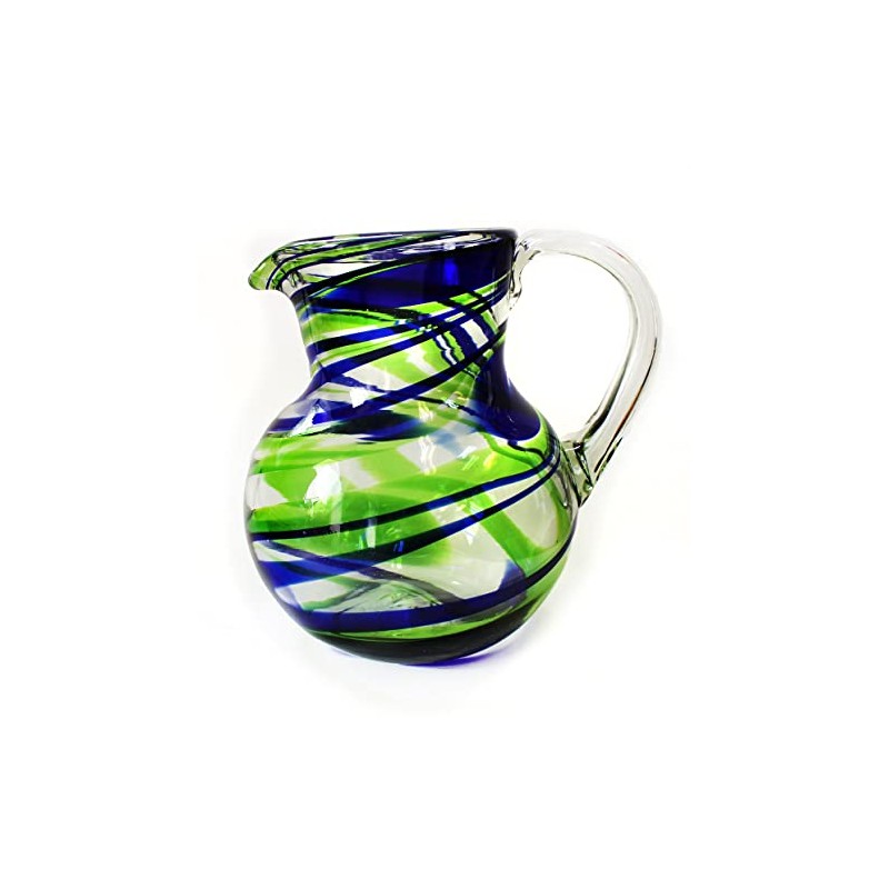 10" Glass Bola pitcher, Handmade in Mexico, Blue and Green