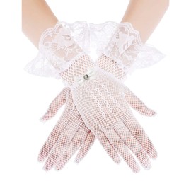 Umeloeo Women's Lace Mesh Gloves, Ribbon, Net, Thin, Short, Lace Gloves, UV Protection, UV Protection, Summer, For Weddings, Coming of Age Ceremonies, Bicycle, Driving, A White
