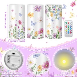 ROCEEI 3 Pcs Wildflower Flameless LED Candles with Timer Battery Operated Flickering Real Wax Candles with Remote Floral Gifts Spring Decoration for Wedding Table Ornament Home Decor