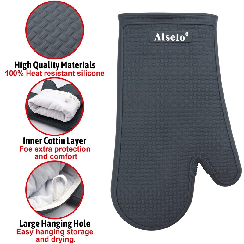Alselo Silicone Oven Mitts Set, Heat Resistant 550 Degree,7.5"x12"