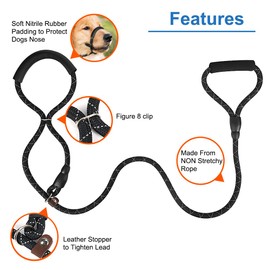 Vivifying Figure of 8 Dog Lead, 1.5M Reflective Nylon Rope Dog Lead Choker Leash with Padded Handle for Large, Medium Dogs (Black)