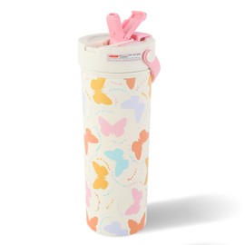 FYting Drinking Bottle with Straw, 600 ml Stainless Steel Drinking Bottle, BPA-Free, with Handles, 316 Stainless Steel, for Making Tea, Coffee, Milk Tea, Carbonated Drinks (Butterfly)