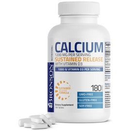 Bronson Calcium 1200 MG Per Serving Sustained Release with Vitamin D3 1000 IU Vitamin D3 Per Serving Non-GMO, 180 Tablets