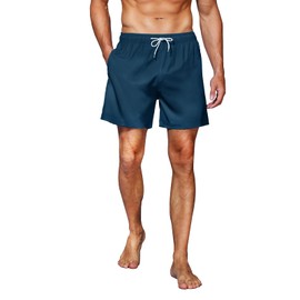 HMIYA Men's 2-in-1 Swimming Trunks, Quick-Drying Short Board Shorts with Compression and Zip Pockets, denim blue
