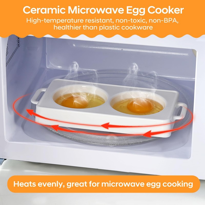 Ceramic Microwave Egg Cooker, BPA-Free 2-Cavity Egg Poacher