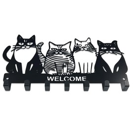 Key Holder for Wall, 11.88'' x 7'' Black Metal Cat Shape Decoration Key Hook Wall Mount Key Rack Hanger Storage Organizer with 7 Hooks for Home Doors Entryway Kitchen Garage Decor