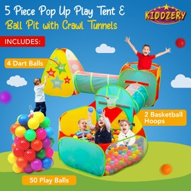 5pc Kids Play Tent for Toddlers with Ball Pit, Crawl Tunnel, Indoor & Outdoor Playhouse, Jungle Gym, Toys for Boys & Girls, Includes Dart Balls, Teepee & Basketball Hoops, (with 50 Balls)