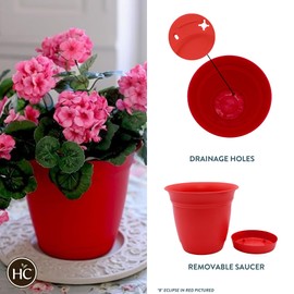The HC Companies 12 Inch Eclipse Round Planter with Saucer - Indoor Outdoor Plant Pot for Flowers, Vegetables, and Herbs, Strawberry Red