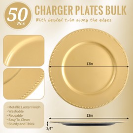 50 Pcs Gold Charger Plates 13" Round Charger Plates Bulk Beaded Chargers for Dinner Plates Decorative Gold Charger Plastic Charger Plates for Wedding Party Event Baby Bridal Shower Table Decoration