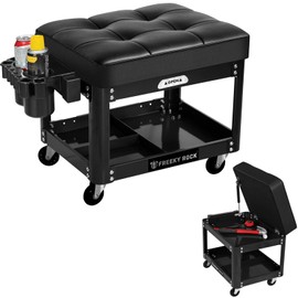 Rolling Mechanic Shop Stool with Wheels, Garage Mechanics Stool with 2 Layer Repair Tools Tray, Padded 360° Swivel Automotive Roller Creeper Seat Shop Chair, Heavy Duty, 330 LBS Capacity, Black
