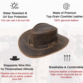 Dream Apparel Brown Leather Cowboy Hat for Men Women Western Australian Outback Hat with Shapeable Wide Brim, Aussie Style Genuine Leather Hat, Size 2XL