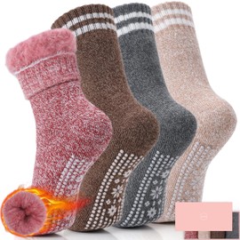 HUGSWEET Thermal Socks, Anti Slip Hospital Socks Plush Slipper Grip Socks Women Winter Soft Warm Cozy Socks Fluffy Socks For Christmas 4 Pairs（Multicolor-D1）