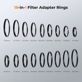 K&F CONCEPT 18pcs Step Up Rings + Step Down Rings 37-49mm 49-52mm 52-55mm 55-58mm 58-62mm 62-67mm 67-72mm 72-77mm 77-82mm 9pcs 49-37mm 52-49mm 58-55mm 55mm -52mm 6 2-58mm 67-62mm 72-67mm 77-72mm 82-77mm 9pcs