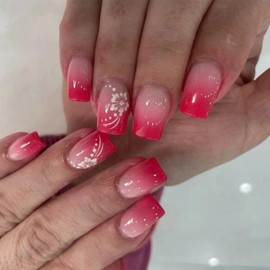 LBPEPAMZ Pink Gradient Press on Nails Short Medium Square Fake Nails with Rhinestones Designs Spring Summer Hibiscus False Nails Ombre French Tips Full Cover Glossy Stick on Nails for Women 24Pcs