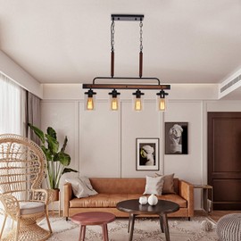4-Light Linear Wood Kitchen Pendant Light, Wooden Farmhouse Chandelier, Kitchen Dining Room Adjustable Pendant Lighting Hanging Fixtures (Bulb not Included)