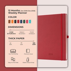 IN-LUXPRO Diary 2026 Planner: A4 Week to View (29x21.7 cm) 12 Months (Jan. - Dec.) Weekly & Monthly Planner with Month Tabs & Pocket Expenses/Note Pages 100GSM Paper PU Leather Red