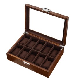LIBOLXSP Watch Box, Watch Case for Men Women with Large Glass Lid, Wooden Watch Display Storage Box with 10 Slots, Solid Wood Walnut Mens Watch Box Organizer Velvet Lining for Father‘s Day Gift