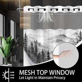 Forest Hookless Shower Curtain with Snap in Liner, Nature Woodland No Hook Double Layer Shower Curtain and Liner Set, Ringless with Window Waterproof Cloth Fabric, 71" W x 80" L