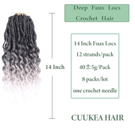 Deep Faux Locs Crochet Hair With Curly Ends 14 Inch Soft Locs Pre looped Goddess Locs Crochet Hair Deep Wave Crochet Braids for Women Locs Crochet Hair(1B/Gray/White,Black to white)