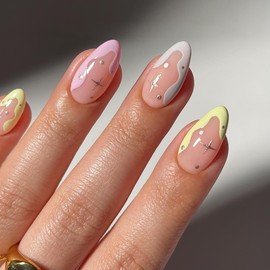 Almond Press on Nails Short French Fake Nails Cute Star Acrylic Nails Colorful Nails Tips Glossy Artificial Nails Cream Edge Designs Glue on Nails for Women Girls Manicure 24Pcs