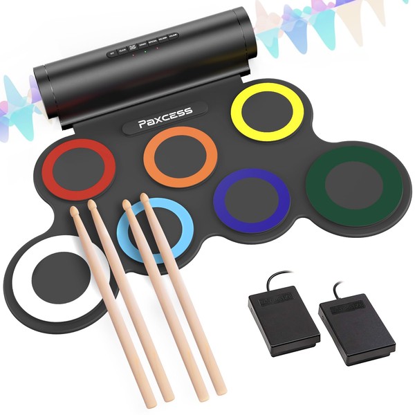 7 Pads Electronic Drum Set, Roll-Up Drum Practice Pad Drum Kit with Headphone Jack Built-in Speaker Drum Pedals Drum Sticks 10 Hours Playtime, Great Holiday Birthday Gift for Kids (4 * Drum Sticks)