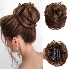 Claw Clip Messy Bun Hair Piece Tousled Updo Hair Buns Extension Elastic Hair Band Curly Hair Bun Scrunchie For Women (Light2 Brown2)