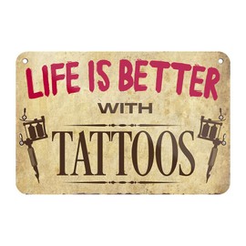 Life is Better with Tattoos Retro Decorative Hanging Sign with Cord and Suction Cup Decoration Tattoo Studio 18 x 12 cm