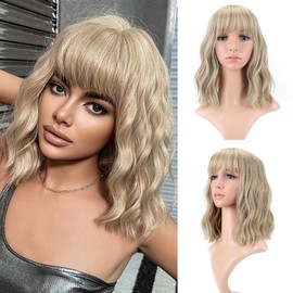Blonde Wig Loose Wave Short Bob Colorful Wigs With Air Bangs Shoulder Length For Women Curly Wavy Synthetic Cosplay Wig for Girl Costume(12" Mix blonde and gold color)