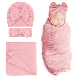 DRESHOW Newborn Reception Blanket Toddler Warm for Girls with Matching Bow Hat and Bow Headband, 1 set: hat + hairband + blanket (peach) 17-bp, One size