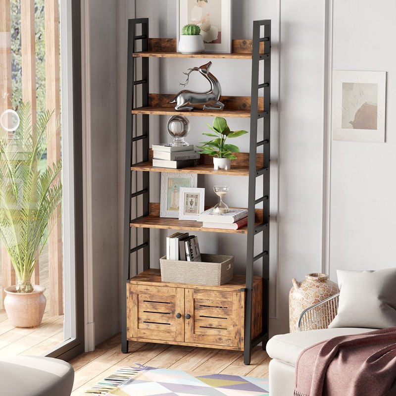 IRONCK Bookshelf with Louvered Doors, 4-Tier Ladder Shelf with Cabinet