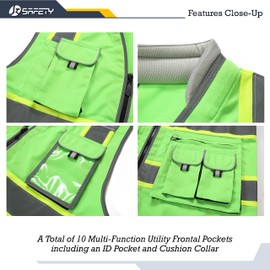JKSafety 10 Pockets Hi-Vis Zipper Front Fluorescent Green Safety Vest | Cushioned Collar | High Reflective Tapes with Extended Neon Yellow Strips | Meets ANSI/ISEA Standards (Medium, 89-Green)