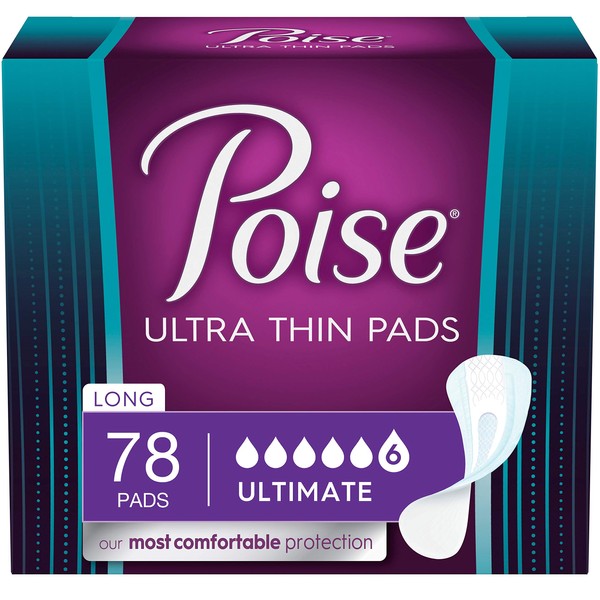 Poise Ultra Thin Incontinence Pads for Women, Ultimate Absorbency, Long Length, 78 Count (Packaging May Vary)