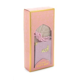 ihvan online Taffeta Fabric Muslim Prayer Rug & Velvet Covered Yaseen Surah Pocket-Size Book & Crystal Prayer Beads Set with Kraft Boxed, Perfect Islamic Ramadan Eid Gifts, Pink