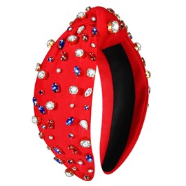 NVENF American Flag Headband for Women 4th of July Headband Accessories Red White Blue Rhinestone Crystal Knotted Headband Patriotic Hair Accessory Outfit Gifts (A-Red Flag)