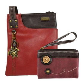 Chala RedcCrossBody Swing Messenger Bag and Double Zip Wallet Gift Set (Burgundy_ Turtle matching Combo)