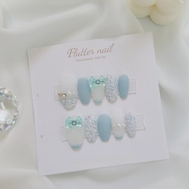 Mint tweed ribbon handmade nail tip - Stiletto / 민트 트위드 리본 수제네일팁 - 스틸레토