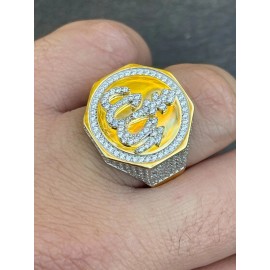 Silver Real 14K Gold Plated 925 Silver Allah Islamic Arabic Ring Iced CZ Hip Hop Round - 8