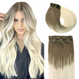 SURNEL Hair Extensions Clip Ins Ash Brown to Platinum Blonde Balayage Clip in Hair Extensions Real Human Hair 14 Inch 6pcs 100g (#8T60,14'')