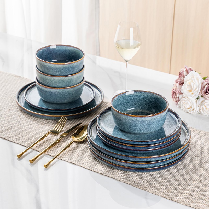 AmorArc Ceramic Dinnerware Sets for 4,Round Reactive Glaze Stoneware Plates