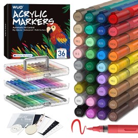 WUO 36 Colors Acrylic Paint Markers, Water-Based No-Bleed Markers, Automatic Ink Control Brush Tip for Multi-Surface Acrylic Paint Pens for Rock Painting, Wood, Canvas, Glass, DIY Art