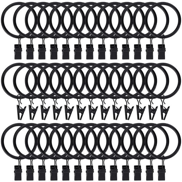 40pcs Curtain Rings with Clips Hooks 1.5 inch Rustproof Matte Metal Stainless Steel Drapery Rings for Tension Rod Bracket Eyelets Decorative Hangers, Vintage Black (1.5" Interior Diameter)