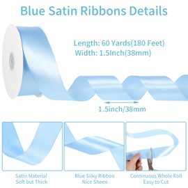 Blue Ribbon, 60 Yards 1 1/2 Inch Light Blue Ribbon Baby Blue Satin Ribbon Christmas Gifts for Gift Wrapping Flower Bouquet Crafts Party Home Stocking Stuffers Decorations