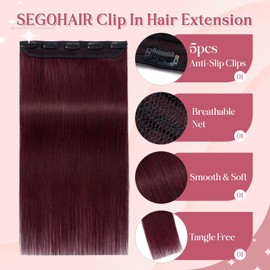 SEGOHAIR Clip In Hair Extensions for women One Piece 5 Clips Real Human Remy Hair Extension Long Straight Hairpieces for women 18 Inches #99J Wine red