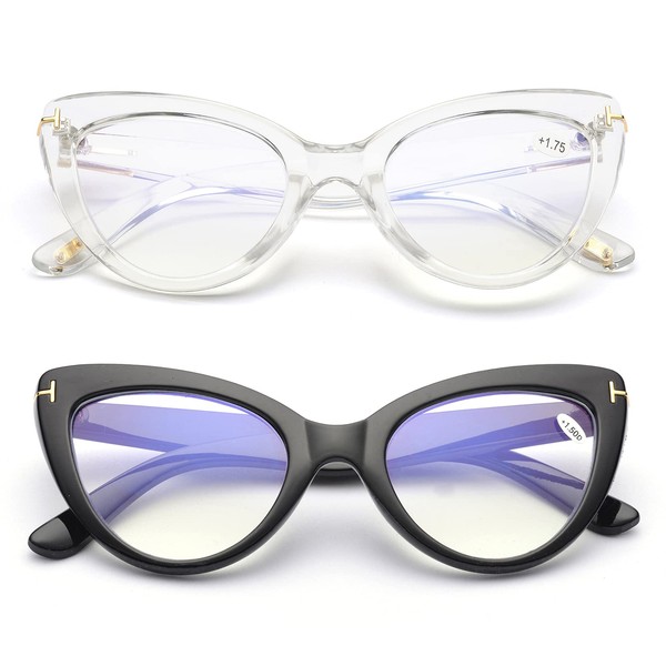 Gafas de lectura para mujer, diseño de ojo de gato de gran tamaño con bloqueo de luz azul, marcos de lentes grandes, lectores de computadora, 2 pares (negro + transparente), M