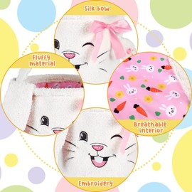 Plush Bunny Easter Basket for Kids Empty– White Fluffy Easter Bucket with Rabbit Ears, Large Easter Tote Bag for Egg Hunting, Party Favors, Decorations & Storage, Easter Gifts for Girls