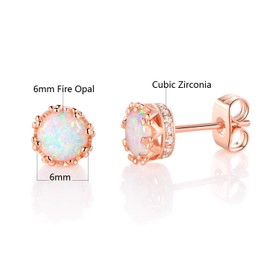 MDFUN Rose Gold Plated 6.0mm Round Brilliant Crown Opal and Cubic Zirconia Stud Earrings
