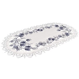 Linens, Art and Things Embroidered Delft Blue Onion Flower Table Runner Dresser Scarf Doily 14 x 27 Inch