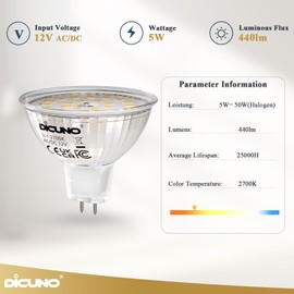 DiCUNO GU5.3 MR16 5W LED Bulb, GU 5.3 Non-Dimmable Spotlight, 50W Halogen Equivalent, 440LM, Warm White 2700K, AC/DC 12V, 120° Beam Angle, 6 Packs