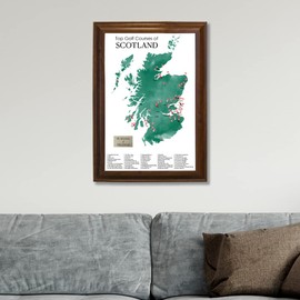 Scotland Golf Courses Push Pin Map - Track Your Scotland Golf Travels - Brown Frame