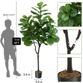 Fiddle Leaf Fig Artificial Tree 6FT Faux Ficus Lyrata Plant with Black Planter Pot, Potted Fake Fiddle Leaf Fig Tree for Indoor Outdoor Home Office Decor